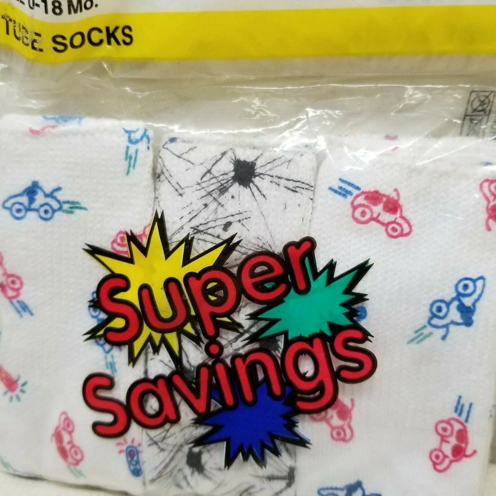 6 Pairs Tube Socks 0 To 18 Month Cotton Car Dino Ball Print USA Vintage NOS